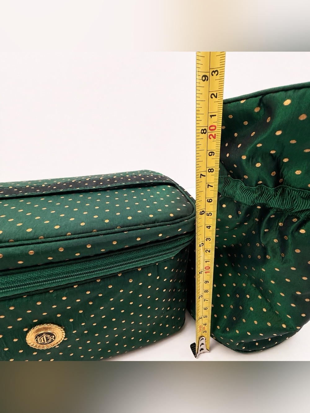 Vintage Dior Cosmetic Bag Set Green Gold Polka Dot NOS - Picture 15 of 16